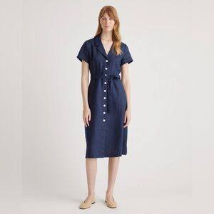 Quince 100% European Linen Button Front Dress - Navy